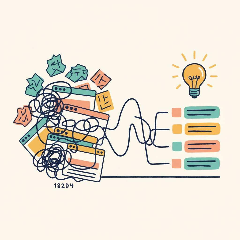 Playful hand-drawn illustration of scattered sticky notes, a lightbulb, crumpled paper, and a tidy organized list emerging from the chaos